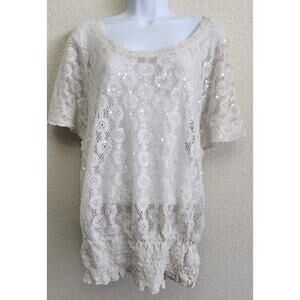 Deb White Lace Sequin Dolman Sleeve Top 1X Plus Lightweight Elastic Banded Waist
